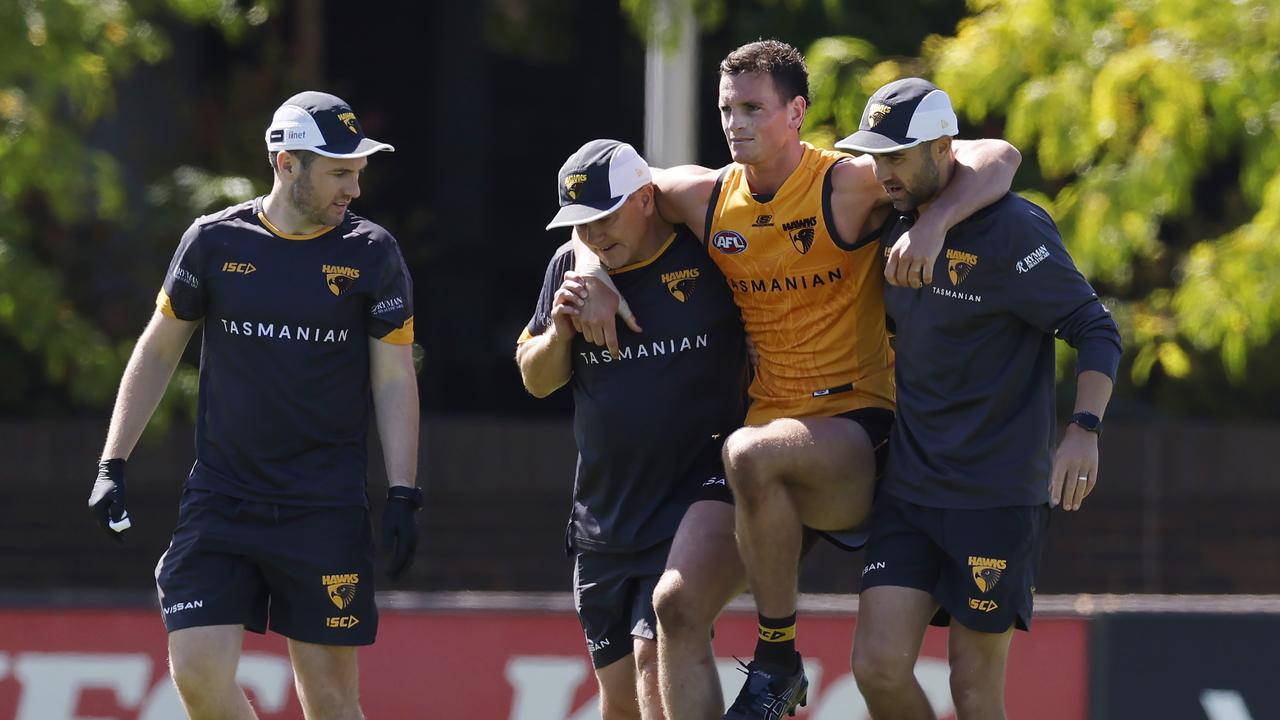 Hawthorn defender James Blanck after hurting his knee during the intra-club match. Picture: Michael Klein