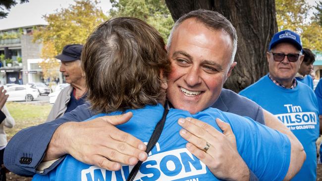 Liberals Tim Wilson celebrates after defeating Independent Zoe Daniel in the seat of Goldstein. Picture: Jake Nowakowski