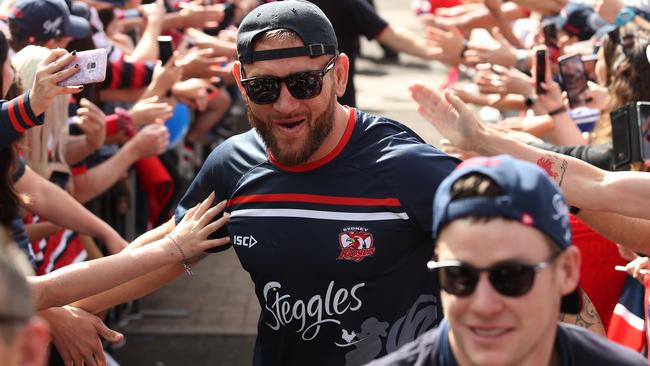 Roosters star Jared Waerea-Hargreaves greets the fans. Picture: Brett Costello