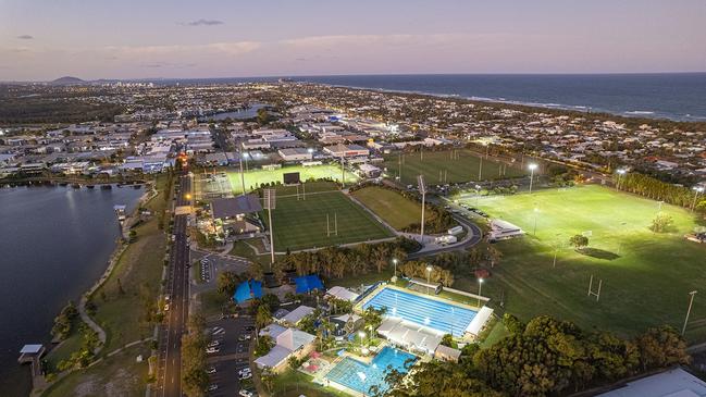 Aerial looking north from Bokarina, showing Sunshine Coast Stadium which will undergo an expansion leading up to the Olympic and Paralympic Games Brisbane 2032.