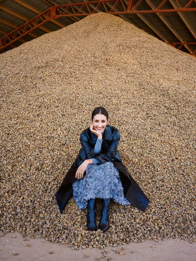 Jenna Dinicola Stefanovic at their Mandolé Orchard almond farm near Griffith, NSW. Picture: Hugh Stewart