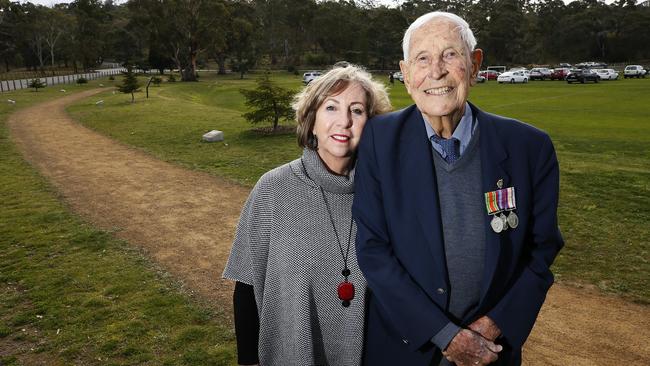 Lyn Kirkwood and her father, Geoff Frier, near the memorial for Private James Frier at the Soldiers’ Memorial Avenue. Picture: CHRIS KIDD