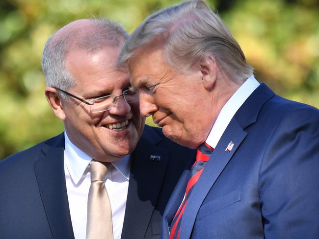 *This picture has been selected as one of the Best of the Year News images for 2019* United States President Donald Trump and Australia's Prime Minister Scott Morrison at a ceremonial welcome on the south lawn of the White House in Washington DC, United States, Friday, September 20, 2019. (AAP Image/Mick Tsikas) NO ARCHIVING