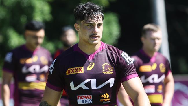 Brisbane Broncos player Kotoni Staggs during training at Red Hill. Picture Tara Croser.