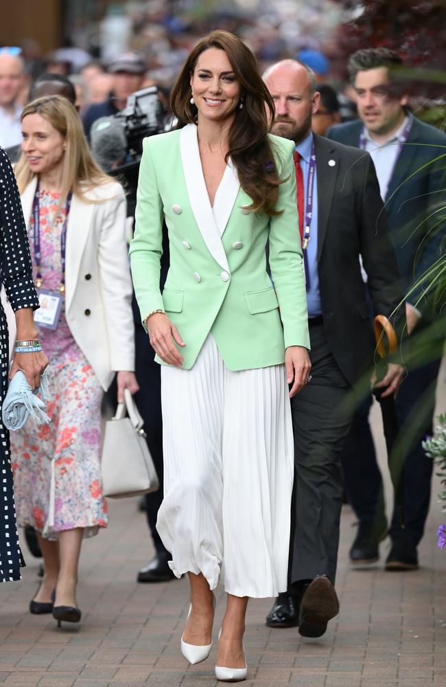 July 4: With all eyes on the royal as she attended Wimbledon, the princess looked effortlessly glam wearing a mint green double breasted jacket and a pleated white skirt. Picture: Karwai Tang/WireImage/Getty Images