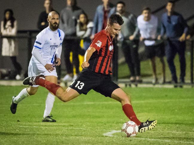 Burleigh Heads striker David Mutch scores his side's third and final goal in the 2019 Gold Coast Premier League grand final against Surfers Paradise. Picture: Ryan Kazmer/East End Digital