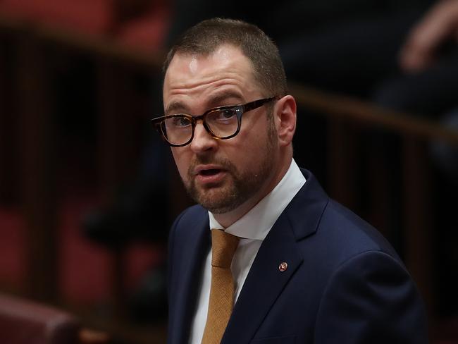 Senator Andrew Bragg delivering his maiden speech this week. His proposal to make superannuation voluntary for low-income earners was given short shrift by the Prime Minister. Picture: Kym Smith/News Corp