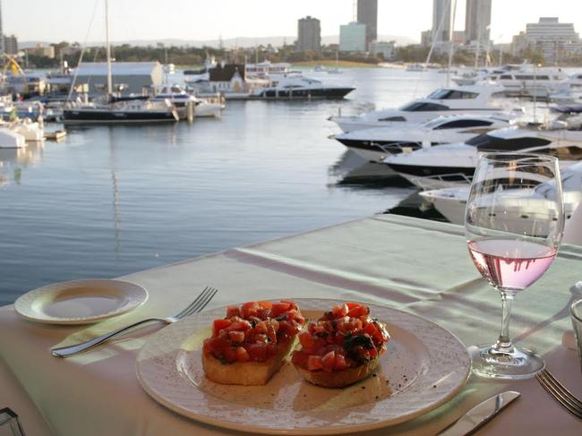 Ristorante Fellini overlooks the water at Marina Mirage. Pictured is a bruschetta and a glass of rose.