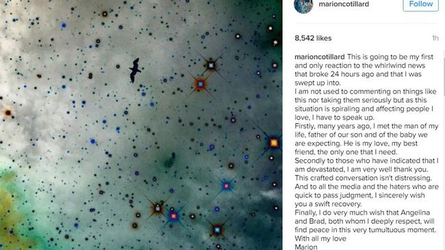 Marion Cottilard speaks out on Instagram about Angelina Jolie and Brad Pitt break up. Picture: MarionCotillard/Instagram