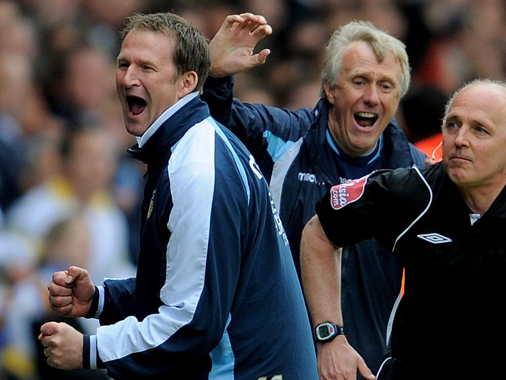 Leeds manager Simon Grayson celebrates victory and promotion on the final whistle of the Coca Cola League One match between Leeds United and Bristol Rovers in 2010. Picture: Michael Regan/Getty Images