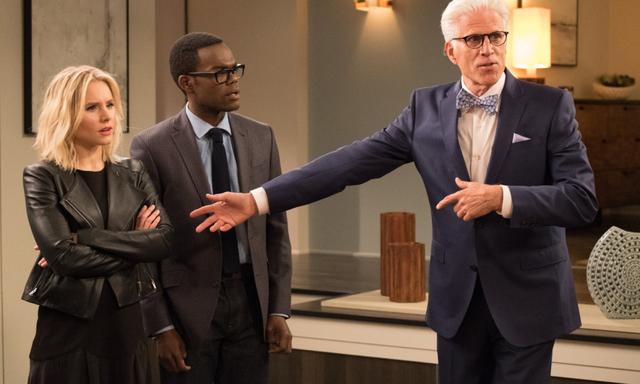 Scenes from 'The Good Place' starring Kristen Bell and Ted Danson. Images supplied by Netflix