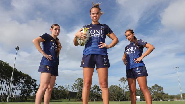 Bond University will field their first ever Women's XV in the Queensland Premier Rugby competition this year. Faythe Manera 16, Caity Costello 24 and Jetaya Faifua 16 . Picture Glenn Hampson