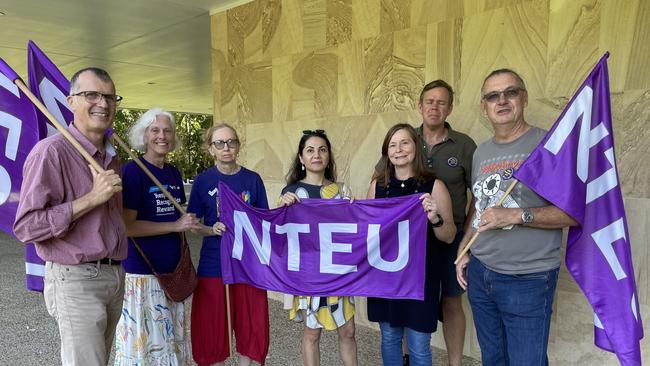 In August 2023 dozens of workers, academics and students gathered on the Cairns James Cook University library lawn to protest the proposed 30 jobs that will be axed within the university. Picture: Kristina Puljak