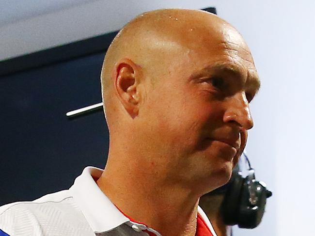 SYDNEY, AUSTRALIA - AUGUST 24: Knights coach Nathan Brown walks out of a press conference after the round 23 NRL match between the Wests Tigers and the Newcastle Knights at Campbelltown Stadium on August 24, 2019 in Sydney, Australia. (Photo by Matt Blyth/Getty Images)