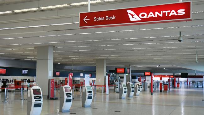 An empty Qantas departure terminal at Melbourne Airport.