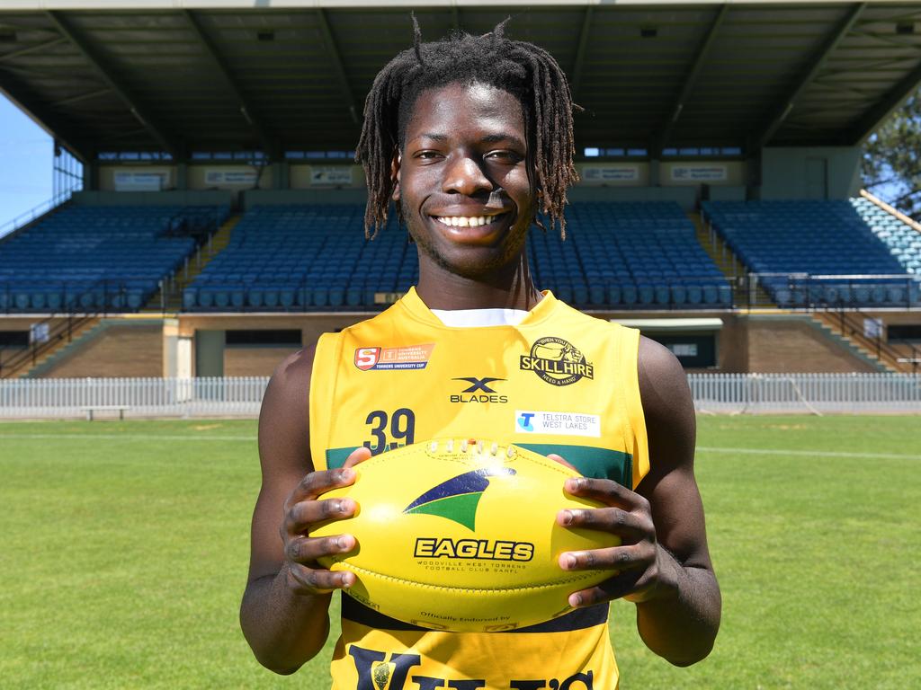 Woodville-West Torrens footballer Martin Frederick poses for a photograph at Woodville Oval, Woodville, Adelaide on Friday the 16th of November 2018.Martin currently plays in the U18 and Reserves Eagles team and was invited to last month's state draft combine and is hoping to be selected at next week's AFL national draft. . (AAP/ Keryn Stevens)