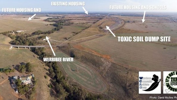 A graphic showing how close the proposed toxic soil dumping site at Wyndham Vale is to homes, potential schools and the Werribee River. Picture: David Mullins