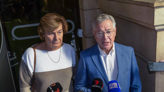 Melissa Hoskins’ parents Amanda and Peter Hoskins address the media outside court in Adelaide on Wednesday May 14, 2025. Picture: Roy VanDerVegt/NewsWire