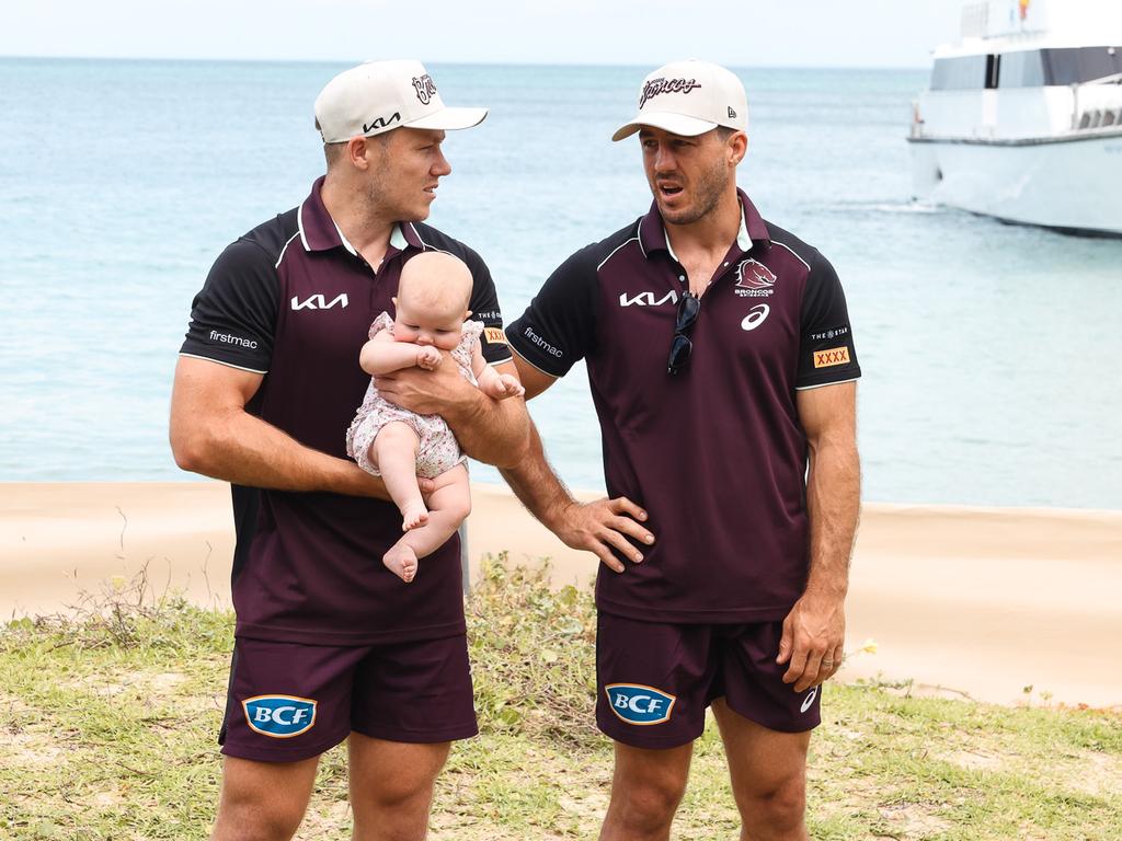 Billy Walters and Ben Hunt on Tangalooma Island. Picture: Broncos Digital