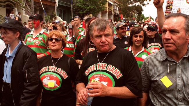 George Piggins and John Sattler at the protest rally in 2000 for Souths to be reinstated into the NRL. Picture: Mick Tsikas