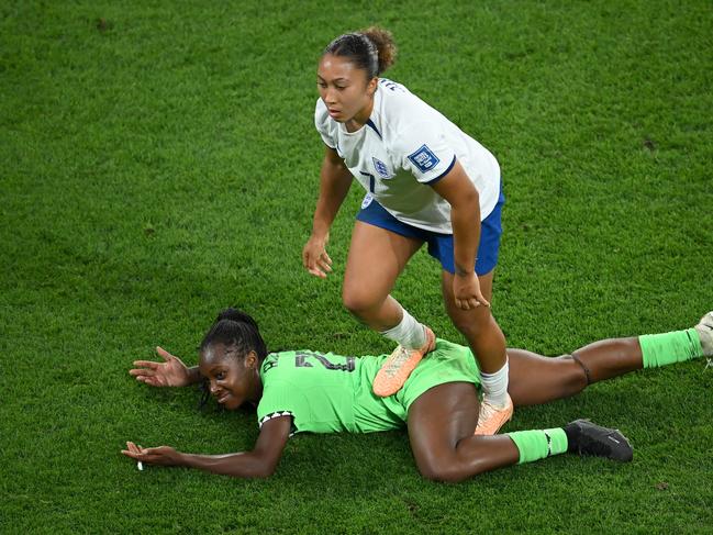 Lauren James stamps on Michelle Alozie. Pictire: Matt Roberts - FIFA/FIFA via Getty Images.