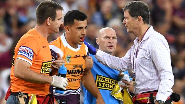 Jordan Kahu was helped from the field after fracturing his jaw in three places.