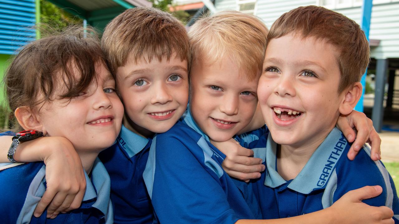 My First Year 2022: Grantham State School Preps, from left; Giavanna, Caelan, Oscar, Mikey. March 2022 Picture: Bev Lacey