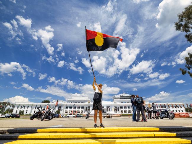 People gather at the Aboriginal Tent Embassy at Old Parliament House in Canberra. Picture: Gary Ramage