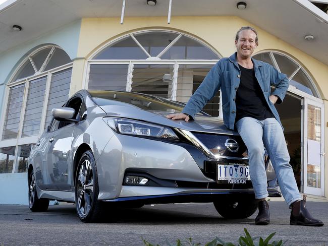 Chef Guy Turland with his Nissa Leaf outside his new cafe in North Bondi. Picture: Toby Zerna