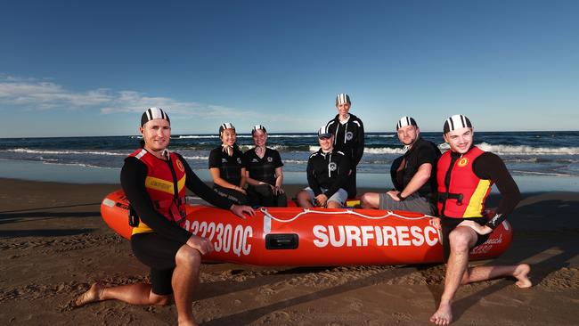 Broadbeach SLSC IRB team ( L-R) Tim Wilson, Rizu Sawaki, Ashley Pade, Callum Tuohy, Prue Tuohy, Nathan Fife and Paul Ryan are ready for the Queensland IRB Ocean Roar comp. Photograph : Jason O'Brien