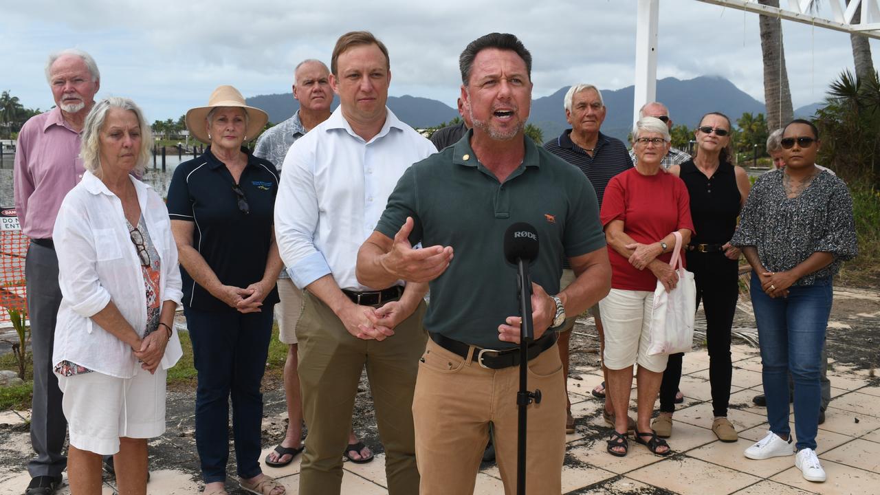 Queensland Premier Steven Miles, Hinchinbrook MP Nick Dametto and residents of the beleaguered Port Hinchinbrook development project in Cardwell on Friday. Picture: Cameron Bates