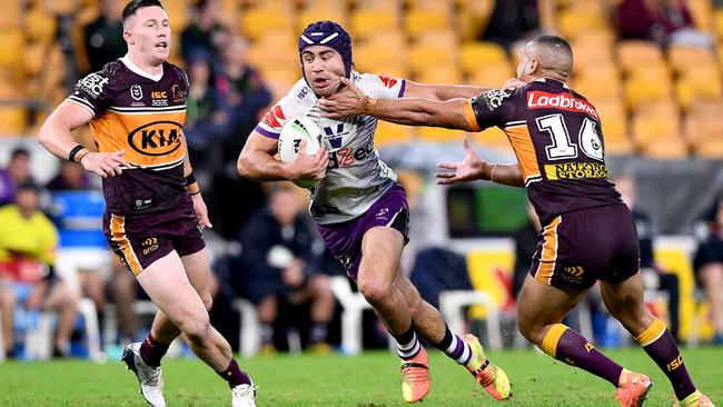 Jahrome Hughes’ fabulous solo try before halftime edged the Storm in front. Picture: Getty Images