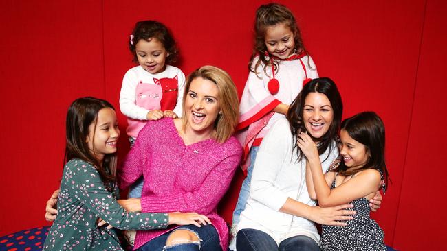 LtR: Holly Walkerden, Ellsie Thaiday, Rachel Thaiday, Gracie Thaiday, Katie Mattin and Amelia Walkderden in 2018 for their podcast, Am I A Bad Mum? Picture: AAP Image/Claudia Baxter