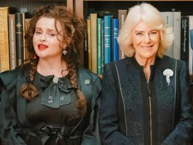 Queen Camilla meets The London Library President Helena Bonham Carter and guest speaker Stephen Fry