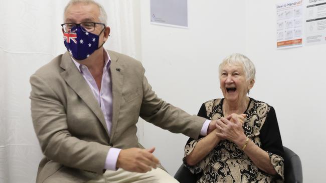 Scott Morrison with Jane Malysiak 84, who was the first recipient of the COVID-19 vaccination at Castle Hill Medical Centre on February 21. Picture: Mark Evans/Getty