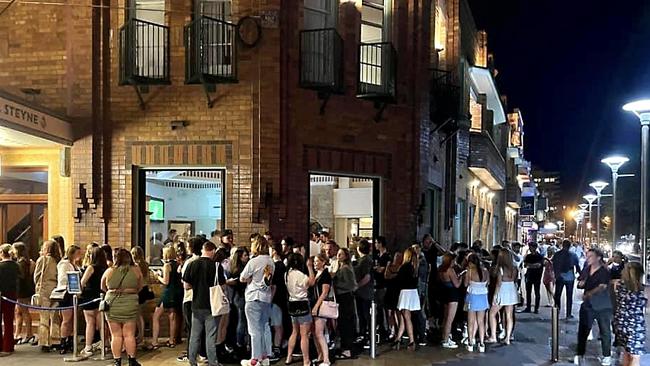 Patrons queuing to enter The Steyne hotel in Manly in January this year. Picture: MaxAgency