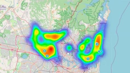 A "heat map" showing the possible pothole problem areas on the northern beaches and parts of the north shore. Picture: Transport for NSW