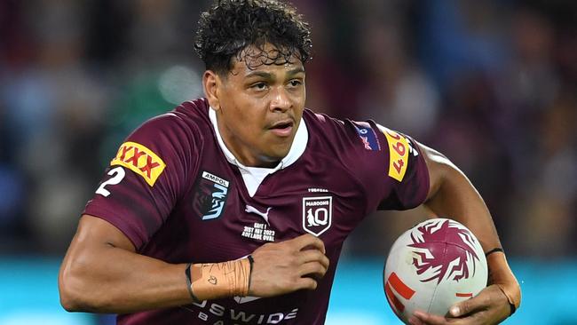 Broncos star Selwyn Cobbo on the charge for the Maroons. NRL Imagery