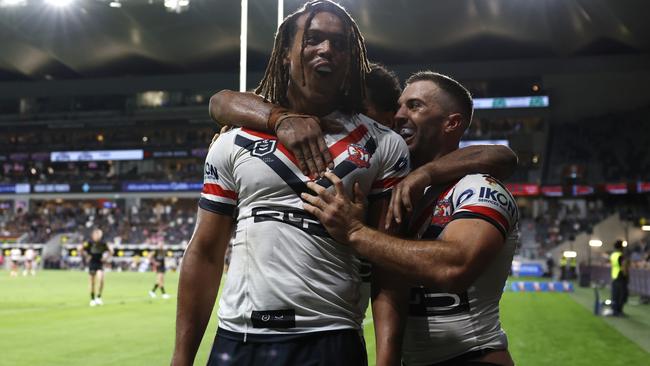 SYDNEY, AUSTRALIA - MARCH 14: Dominic Young of the Roosters celebrates a try during the round two NRL match between Penrith Panthers and Sydney Roosters at CommBank Stadium, on March 14, 2025, in Sydney, Australia. (Photo by Darrian Traynor/Getty Images)