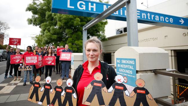 United Workers Union property services spokesperson Sarah Ellis and other UWU members protested the working conditions of Wilson Security staff working in the state service such as hospitals and courts. Picture: PATRICK GEE