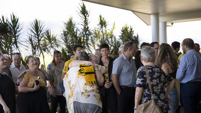 Friends and family of stabbing victim Declan Laverty dressed in black and yellow to attend his funeral memorial service in Cairns. Picture: NCA NewsWire/Emily Barker