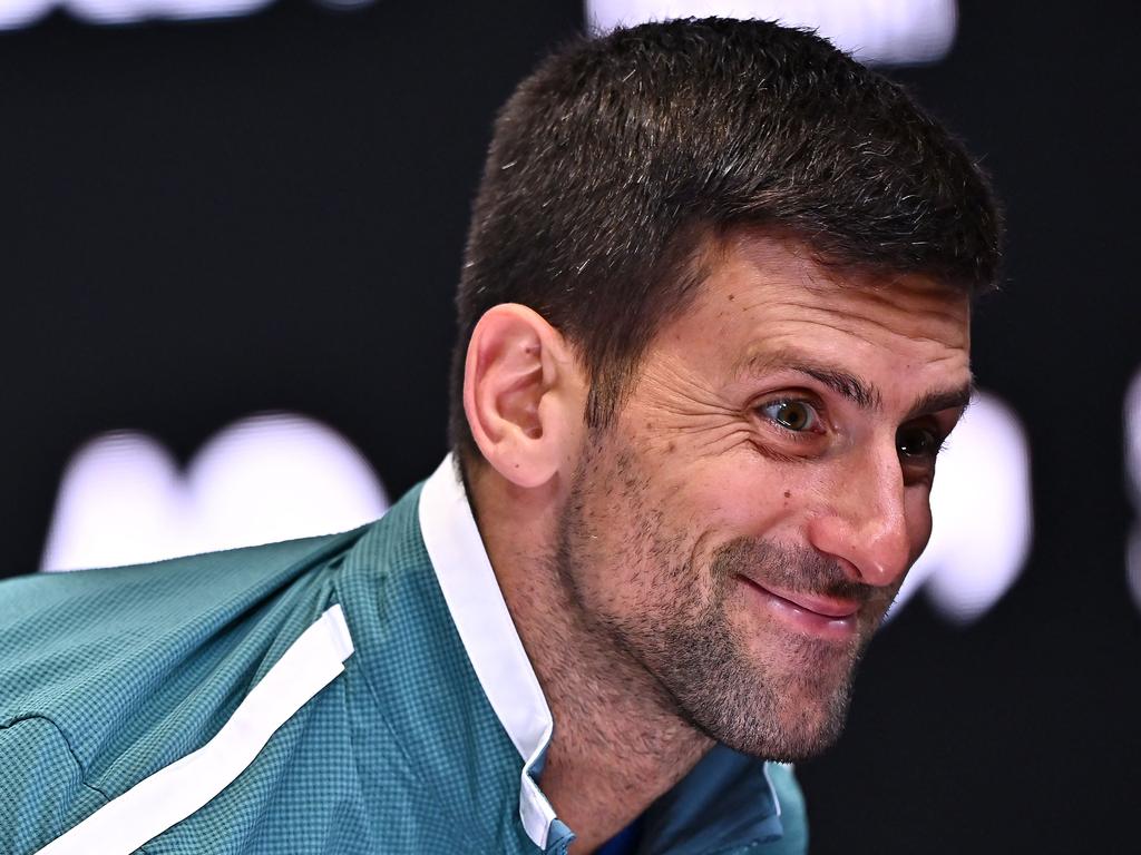 Serbia's Novak Djokovic speaks at a press conference in Melbourne on January 13, 2024 ahead of the Australian Open tennis championship starting on January 14. (Photo by Lillian SUWANRUMPHA / AFP) / — IMAGE RESTRICTED TO EDITORIAL USE – STRICTLY NO COMMERCIAL USE —