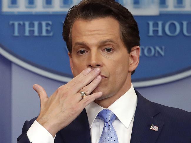 Mr Scaramucci blows a kiss to the White House press corp in his first day on the job. Picture: Pablo Martinez Monsivais/AP