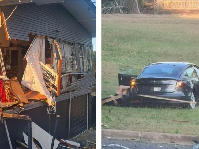 150kmh in a 50 zone: Wild photos of destruction after Tesla crashes into house