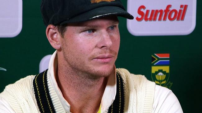 Steve Smith fronted a press conference with Cameron Bancroft. Picture: AFP