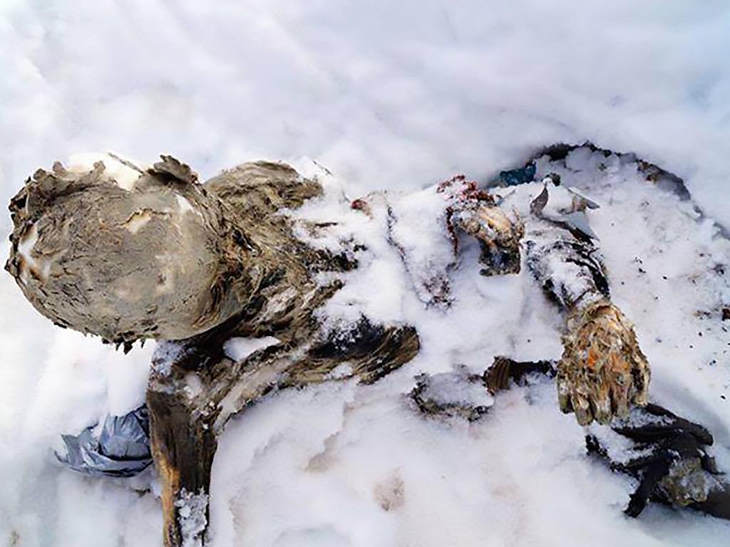 One of the mummified bodies believed to have been buried by an avalanche in 1959. Picture: CEN/australscope