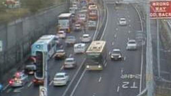 Livetraffic.com screen grab of city bound traffic on the M1 at Artarmon approaching the Sydney Harbour Bridge following a crash between a car and a motorcycle on lanes 2 and 3. All main deck lanes of the bridge are closedwith traffic delays back 8km