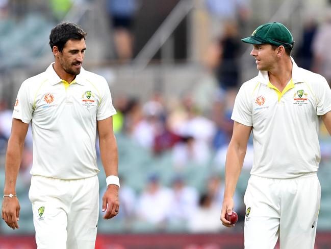 Mitchell Starc and Josh Hazlewood of Australia during day three of the first Test match between Australia and India at the Adelaide Oval in Adelaide, Saturday, December 8, 2018. (AAP Image/David Mariuz) NO ARCHIVING, EDITORIAL USE ONLY, IMAGES TO BE USED FOR NEWS REPORTING PURPOSES ONLY, NO COMMERCIAL USE WHATSOEVER, NO USE IN BOOKS WITHOUT PRIOR WRITTEN CONSENT FROM AAP