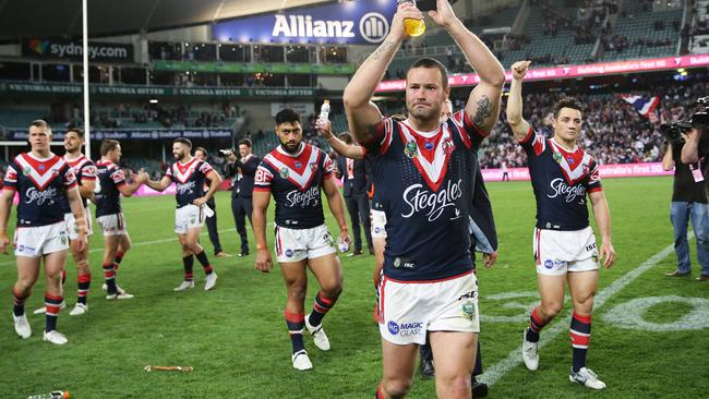 Boyd Cordner leads the Roosters off the Allianz Stadium for the last time at the Grand Final this year. Picture: Brett Costello