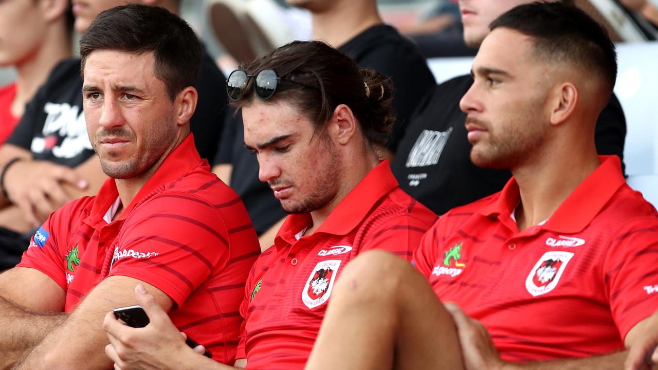 The Dragons’ first choice halves, Ben Hunt and Corey Norman, watching Friday’s trial against Cronulla with Cody Ramsey (middle). (Photo by Brendon Thorne/Getty Images)